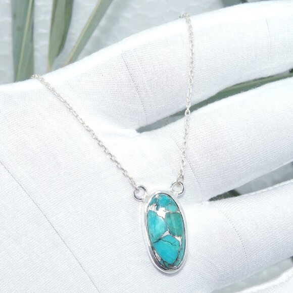 Turquoise Gemstone Silver Pendant Necklace, Sterling Silver Turquoise Jewelry - Picture 4 of 7